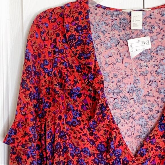 H & M Dress Red Floral Faux Wrap Ruffled Sleeves Ruffled Trim Dress Size 2 NEW - Picture 5 of 16